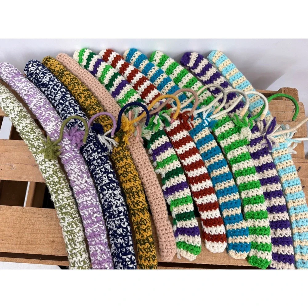 11 Vintage Crochet Padded Hangers Bulk Retro Handmade Knit Multi Color Stripe
